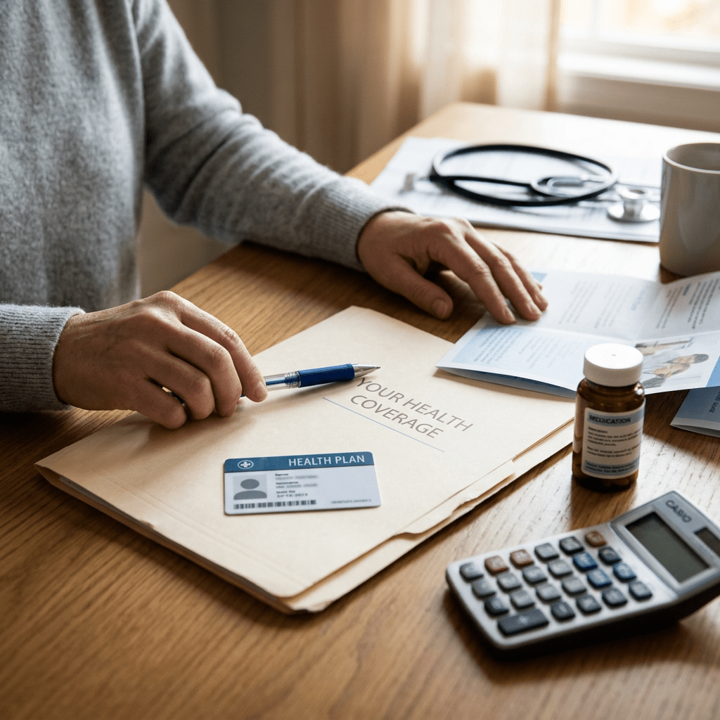 Hands on a wooden table with health coverage folder, insurance card, medication bottle, and calculator
